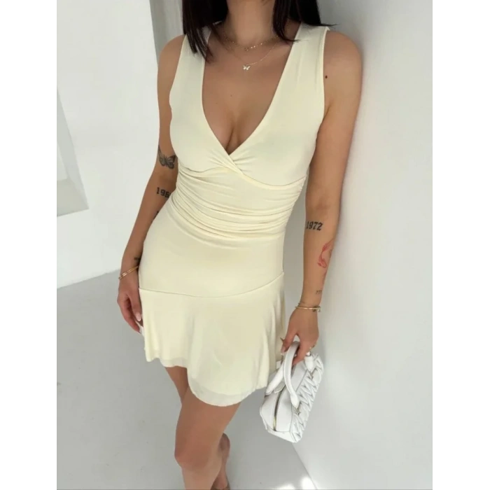 MARSiLYAN- Derin V Yaka Sırt Dekolteli Mini Elbise Drapeli Şık Kolsuz - Açık Sarı