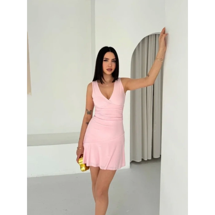 MARSiLYAN- Derin V Yaka Sırt Dekolteli Mini Elbise Drapeli Şık Kolsuz - Pembe