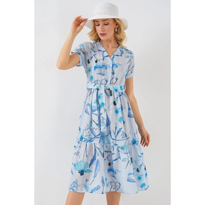 MARSiLYAN- Desenli Kısa Kol Elbise 2558 - Mavi