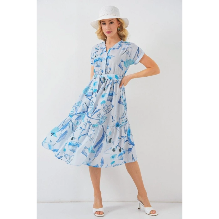 MARSiLYAN- Desenli Kısa Kol Elbise 2558 - Mavi