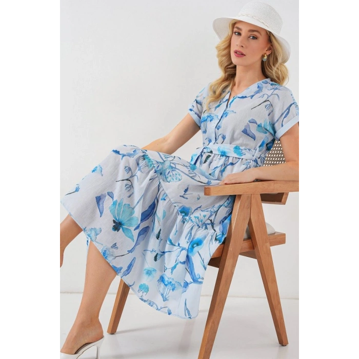 MARSiLYAN- Desenli Kısa Kol Elbise 2558 - Mavi