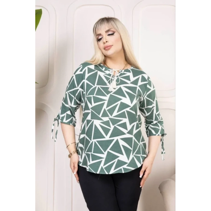 MARSiLYAN- Desenli Püsküllü Viskon Bluz Bebe Yaka Kısa Kollu Big Size Rahat Kesim - Desenli