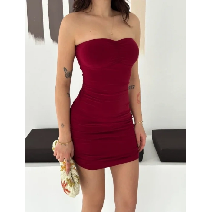 MARSiLYAN- Drapeli Straplez Mini Elbise Esnek Kumaş Vücuda Oturan Gece Elbisesi - Bordo