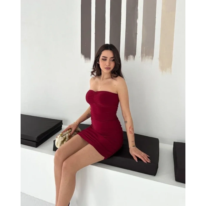 MARSiLYAN- Drapeli Straplez Mini Elbise Esnek Kumaş Vücuda Oturan Gece Elbisesi - Bordo
