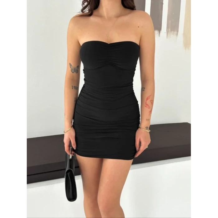 MARSiLYAN- Drapeli Straplez Mini Elbise Esnek Kumaş Vücuda Oturan Gece Elbisesi - Siyah