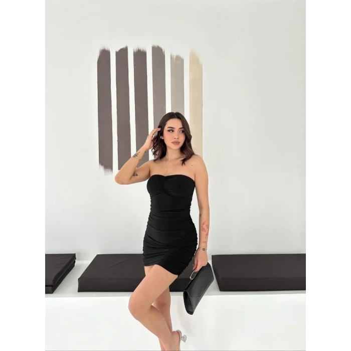 MARSiLYAN- Drapeli Straplez Mini Elbise Esnek Kumaş Vücuda Oturan Gece Elbisesi - Siyah