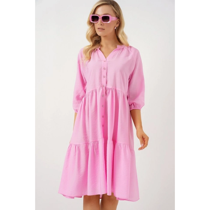 MARSiLYAN- Düğmeli Kısa Kol Elbise 2559 - Pembe