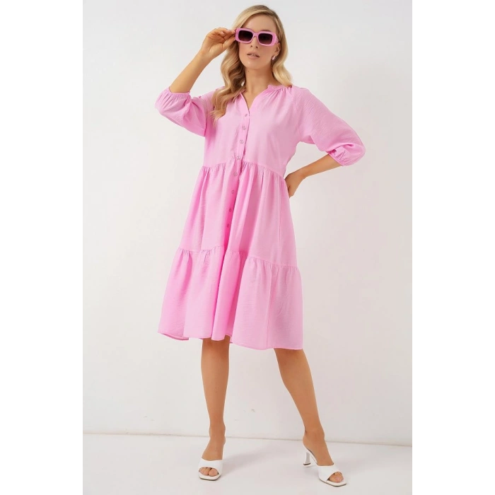 MARSiLYAN- Düğmeli Kısa Kol Elbise 2559 - Pembe