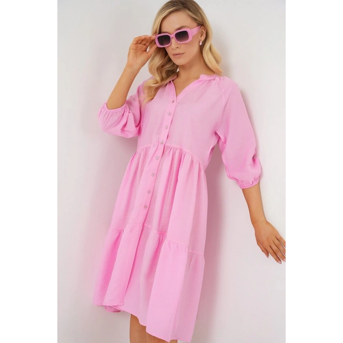 MARSiLYAN- Düğmeli Kısa Kol Elbise 2559 - Pembe