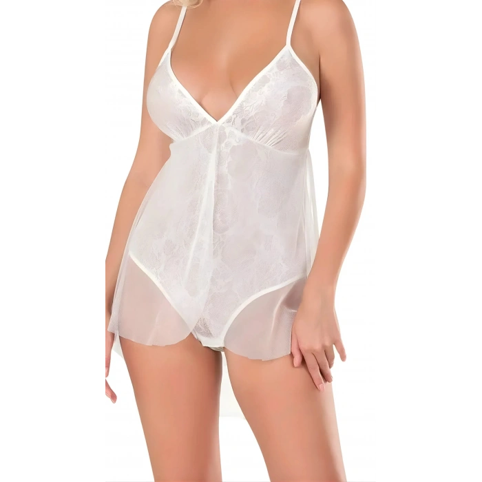 MARSiLYAN-  Ekru Jakarlı Bodysuit Gecelik Zarif Kadın Gece Elbisesi