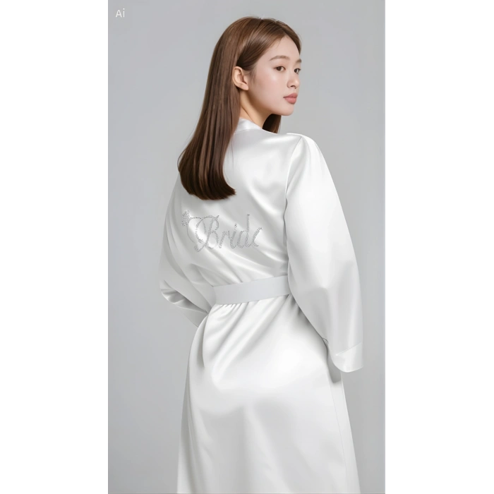 MARSiLYAN-  Ekru Saten Bride Sabahlık Zarif Kadın Ev Giyim