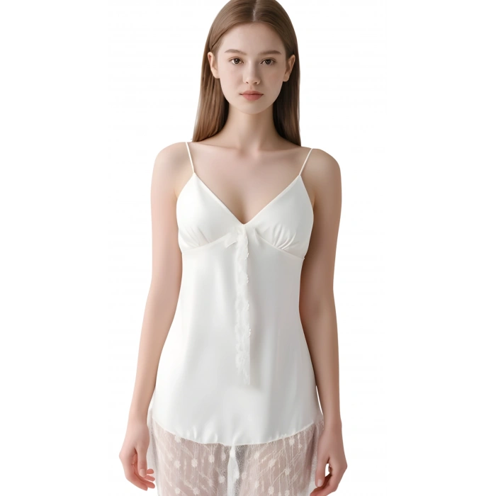 MARSiLYAN-  Ekru Saten Mini Gecelik Zarif Kadın Gece Elbisesi