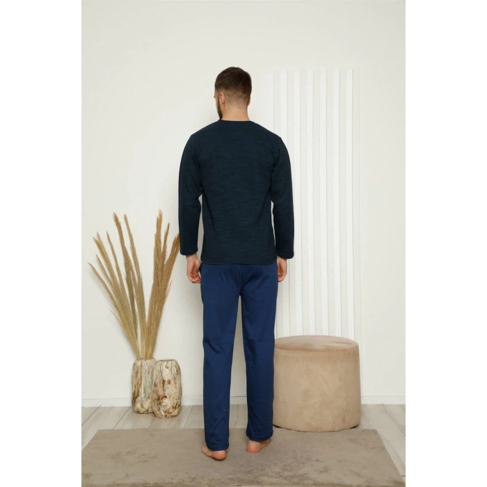 MARSiLYAN- Erkek %100 Pamuk Önden Düğmeli Cepli Uzun Kollu Pijama Takımı Lacivert