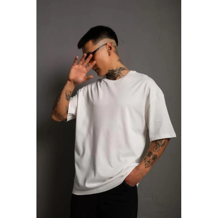 MARSiLYAN- Erkek 24/1 Düz A Kalite Oversize T-shirt - Beyaz