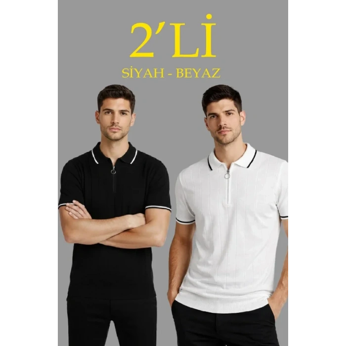 MARSiLYAN- Erkek 2’li Paket Dokuma Triko  Fermuarlı Yakalı Fitilli Kısa Kollu Regular Fit Tişört - Beyaz - Siyah