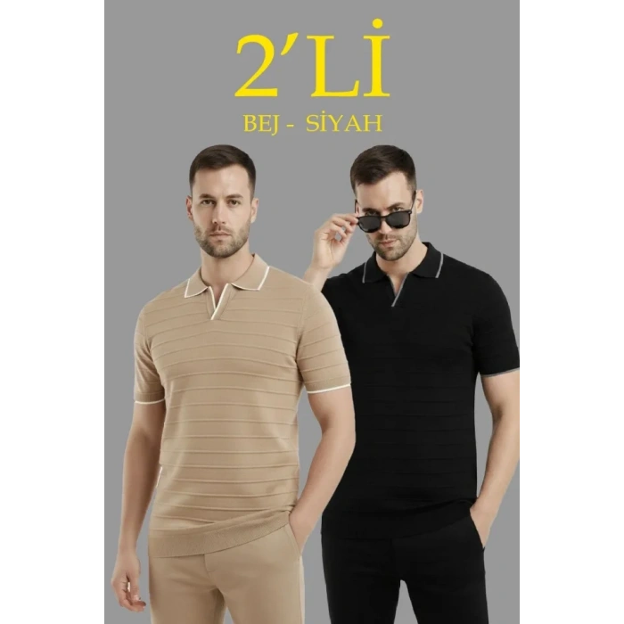 MARSiLYAN- Erkek 2’li Paket Triko Yakalı Düğmesiz Açık Yaka Fitilli Kısa Kollu Regular Fit Tişört - Bej - Siyah
