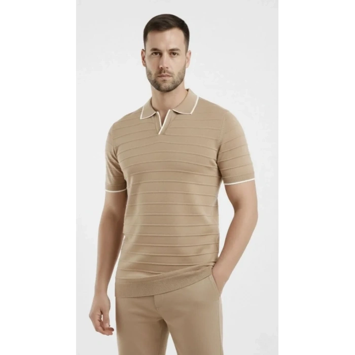 MARSiLYAN- Erkek 2’li Paket Triko Yakalı Düğmesiz Açık Yaka Fitilli Kısa Kollu Regular Fit Tişört - Bej - Siyah