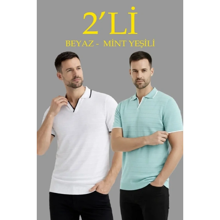 MARSiLYAN- Erkek 2’li Paket Triko Yakalı Düğmesiz Açık Yaka Fitilli Kısa Kollu Regular Fit Tişört - Beyaz - Mint Yeşili