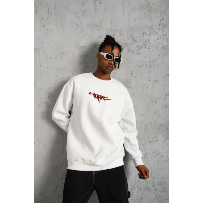 MARSiLYAN- Erkek 3 İplik Gangster Baskılı Sweatshirt - Beyaz