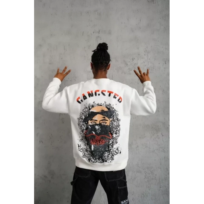 MARSiLYAN- Erkek 3 İplik Gangster Baskılı Sweatshirt - Beyaz
