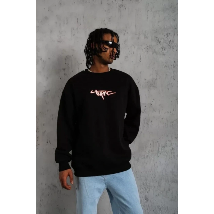 MARSiLYAN- Erkek 3 İplik Gangster Baskılı Sweatshirt - Siyah