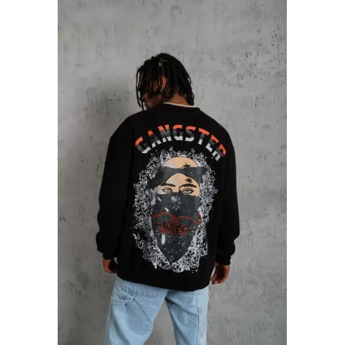 MARSiLYAN- Erkek 3 İplik Gangster Baskılı Sweatshirt - Siyah