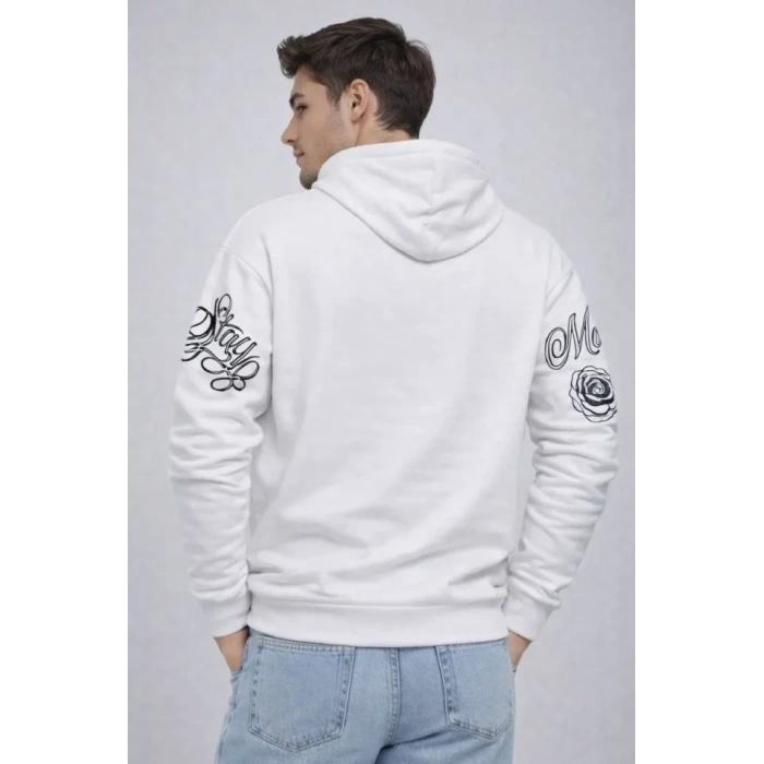 MARSiLYAN- Erkek 3 İplik Pamuklu Kapüşonlu Baskılı SweatShirt Hoodie - Beyaz