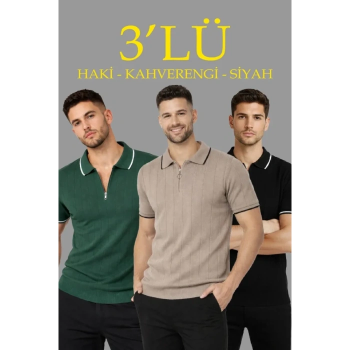 MARSiLYAN- Erkek 3’lü Paket Dokuma Triko  Fermuarlı Yakalı Fitilli Kısa Kollu Regular Fit Tişört - Kahverengi, Haki, Siyah