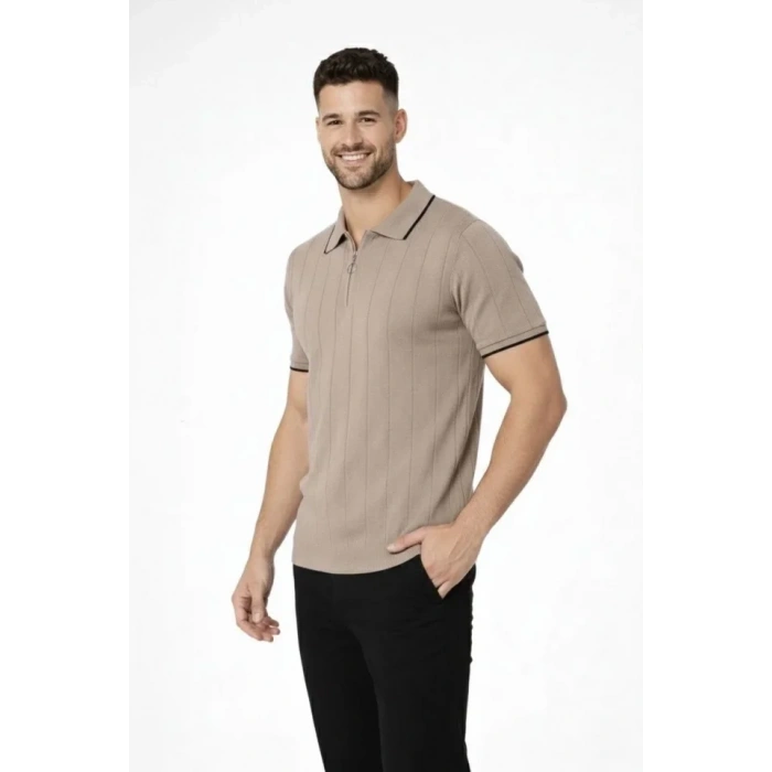 MARSiLYAN- Erkek 3’lü Paket Dokuma Triko  Fermuarlı Yakalı Fitilli Kısa Kollu Regular Fit Tişört - Kahverengi, Haki, Siyah