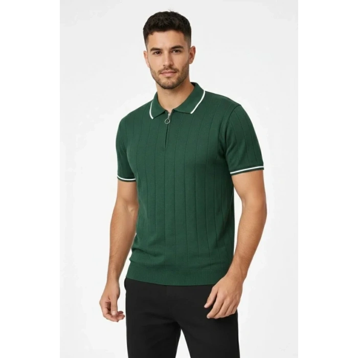 MARSiLYAN- Erkek 3’lü Paket Dokuma Triko  Fermuarlı Yakalı Fitilli Kısa Kollu Regular Fit Tişört - Kahverengi, Haki, Siyah