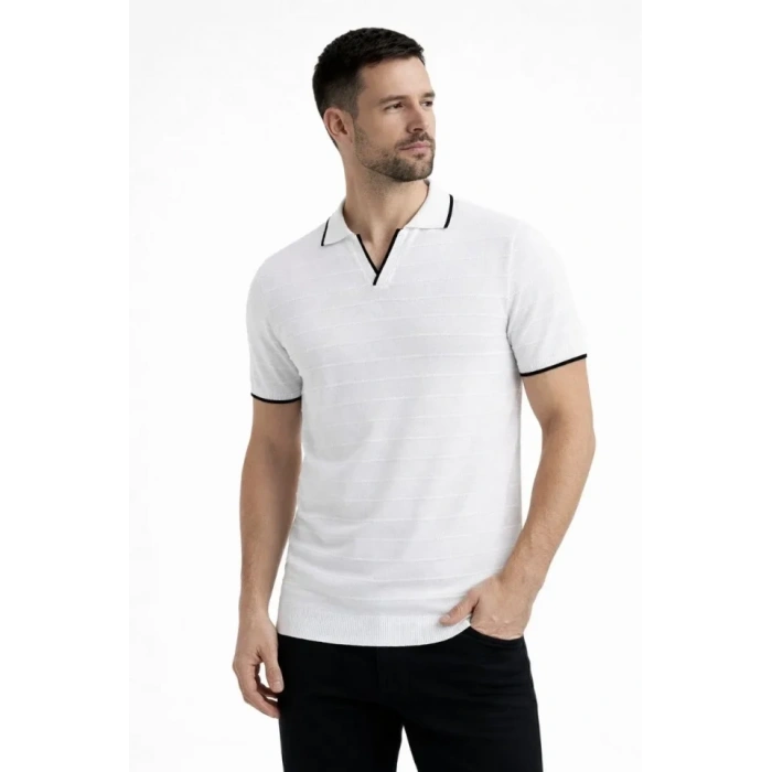 MARSiLYAN- Erkek 3’lü Paket Triko Yakalı Düğmesiz Açık Yaka Fitilli Kısa Kollu Regular Fit Tişört - Bej, Beyaz, Mint Yeşili