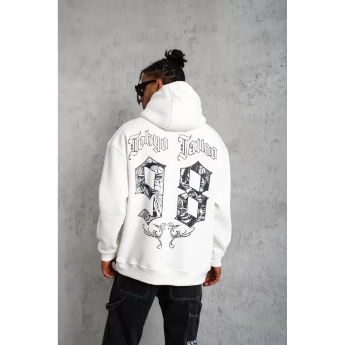 MARSiLYAN- Erkek 98 Baskılı Kapşonlu Sweat - Beyaz