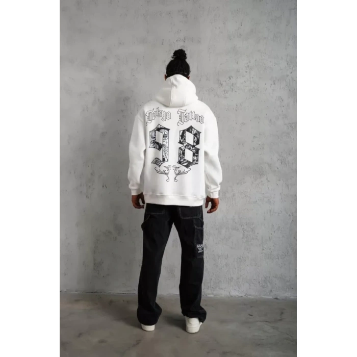 MARSiLYAN- Erkek 98 Baskılı Kapşonlu Sweat - Beyaz