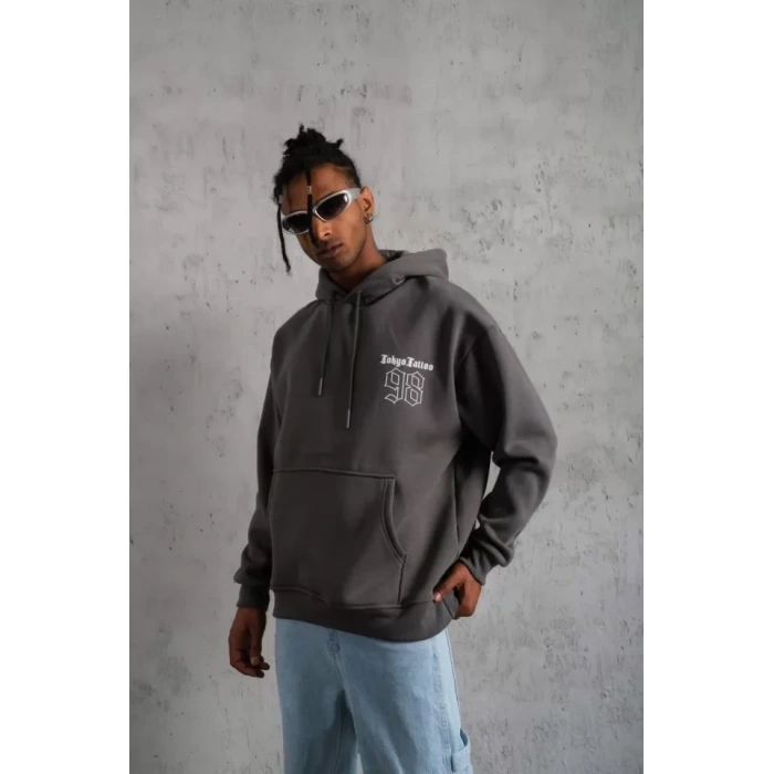 MARSiLYAN- Erkek 98 Baskılı Kapşonlu Sweat - Gri
