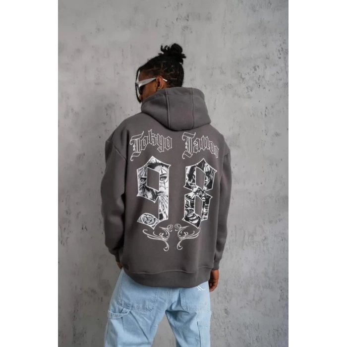 MARSiLYAN- Erkek 98 Baskılı Kapşonlu Sweat - Gri
