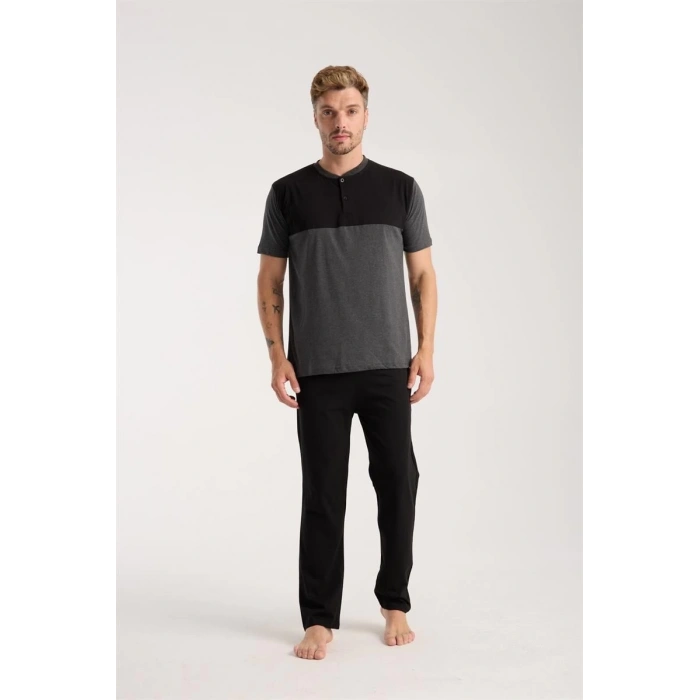 MARSiLYAN- Erkek Antrasit Düğmeli Yaka Kısa Kol Pijama Takımı