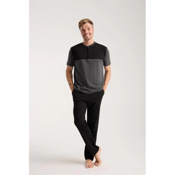 MARSiLYAN- Erkek Antrasit Düğmeli Yaka Kısa Kol Pijama Takımı