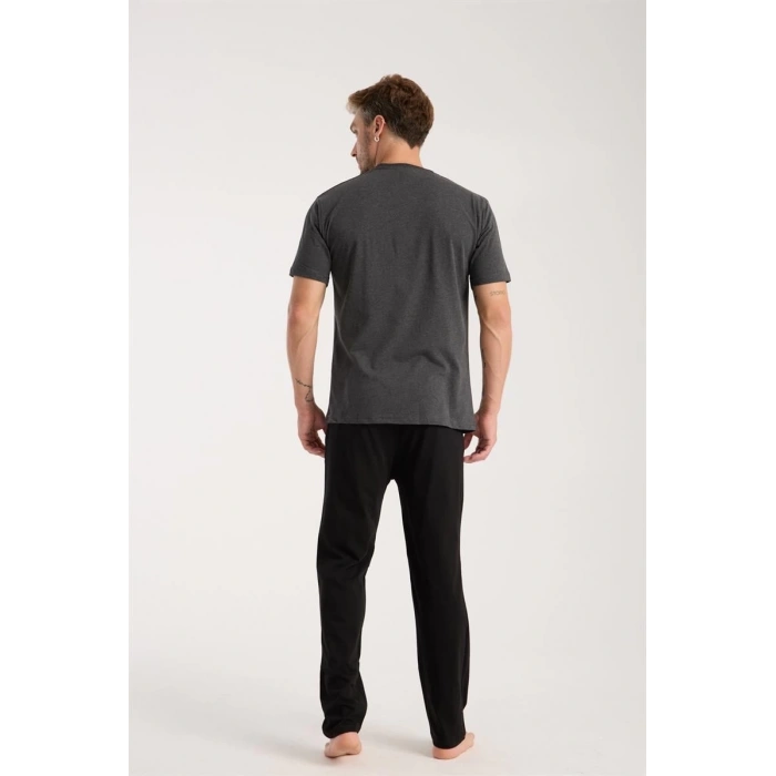 MARSiLYAN- Erkek Antrasit Düğmeli Yaka Kısa Kol Pijama Takımı