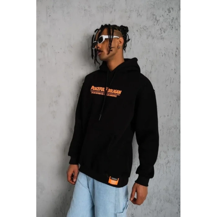 MARSiLYAN- Erkek Armalı Baskılı Kapüşonlu Sweatshirt - Siyah