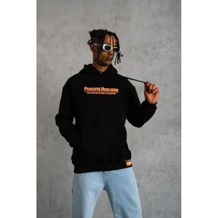 MARSiLYAN- Erkek Armalı Baskılı Kapüşonlu Sweatshirt - Siyah