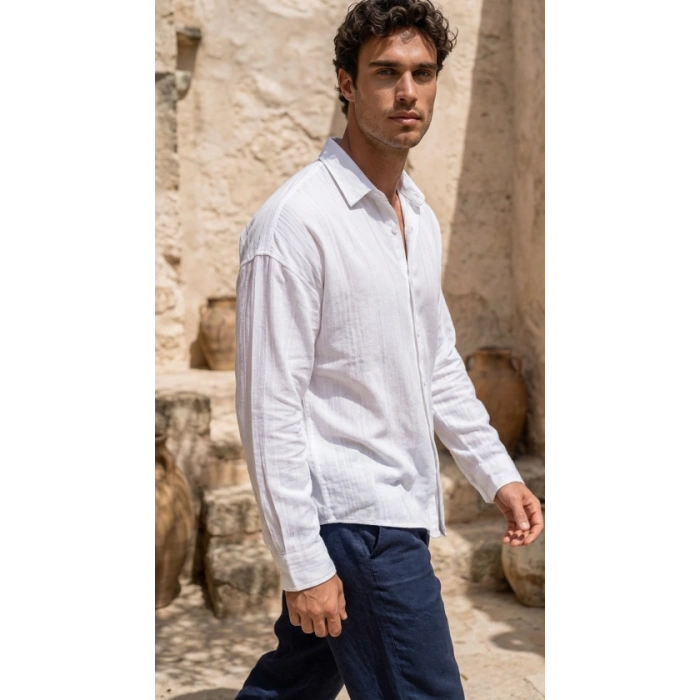 MARSiLYAN- Erkek Armürlü Yarım Oversize Müslin Gömlek