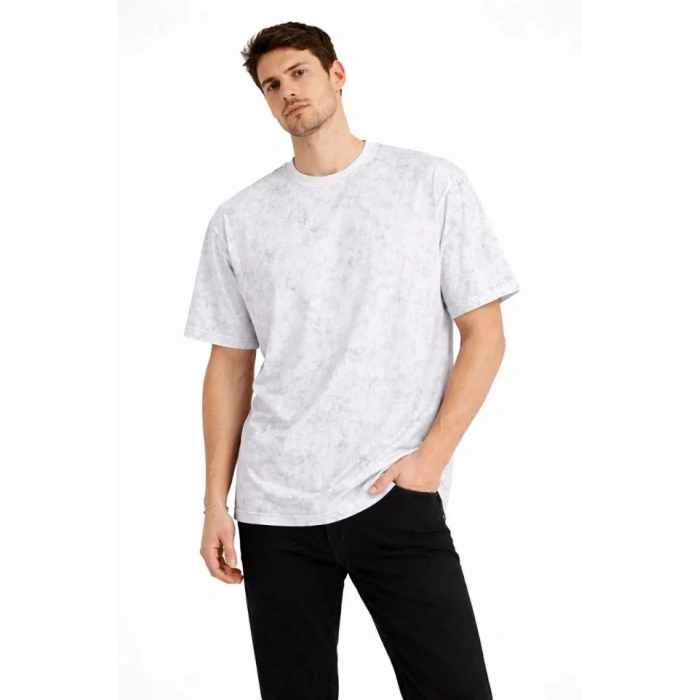 MARSiLYAN- Erkek Asit Yıkama Bisiklet Yaka Kısa Kollu Oversize T-Shirt Tişört - Beyaz