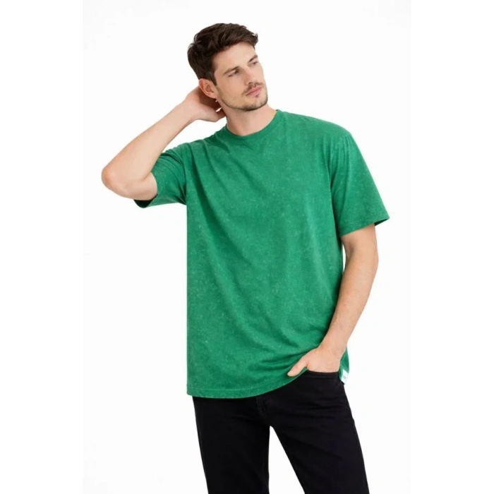 MARSiLYAN- Erkek Asit Yıkama Bisiklet Yaka Kısa Kollu Oversize T-Shirt Tişört - Yeşil