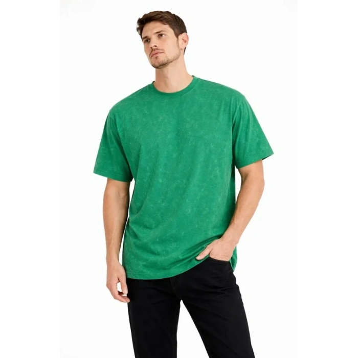 MARSiLYAN- Erkek Asit Yıkama Bisiklet Yaka Kısa Kollu Oversize T-Shirt Tişört - Yeşil