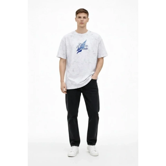 MARSiLYAN- Erkek Asit Yıkamalı Oversize Tişört Future Worlds Baskılı Bisiklet Yaka Kısa Kollu Streetwear %100 Pamuk Street Style T-Shirt - Beyaz