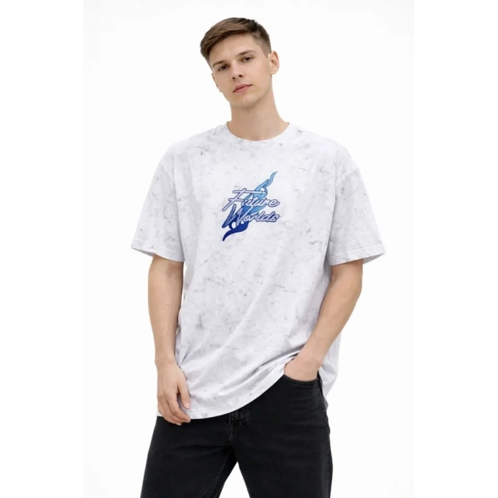 MARSiLYAN- Erkek Asit Yıkamalı Oversize Tişört Future Worlds Baskılı Bisiklet Yaka Kısa Kollu Streetwear %100 Pamuk Street Style T-Shirt - Beyaz