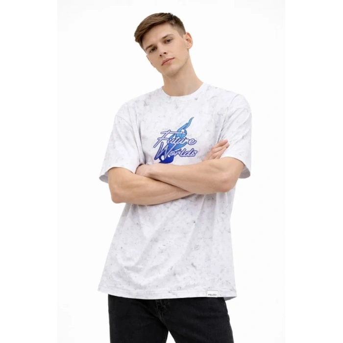MARSiLYAN- Erkek Asit Yıkamalı Oversize Tişört Future Worlds Baskılı Bisiklet Yaka Kısa Kollu Streetwear %100 Pamuk Street Style T-Shirt - Beyaz