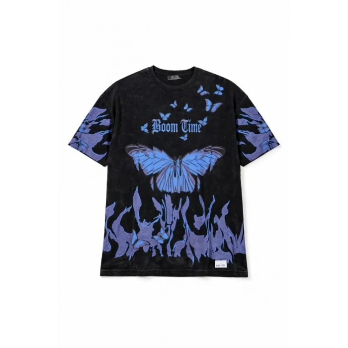 MARSiLYAN- Erkek Asit Yıkamalı Oversize Tişört Mavi Kelebek Baskılı Dijital Print Bisiklet Yaka Streetwear T-Shirt - Siyah