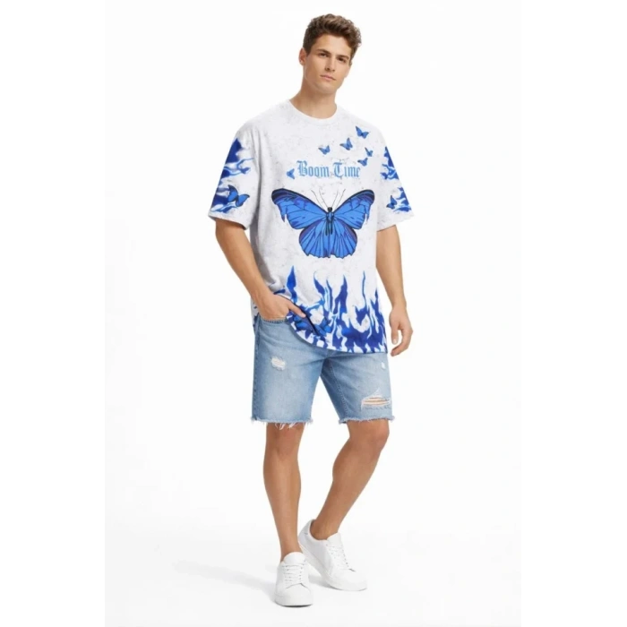 MARSiLYAN- Erkek Asit Yıkamalı Oversize Tişört Mavi Kelebek Baskılı Dijital Print Bisiklet Yaka Streetwear T-Shirt - Beyaz