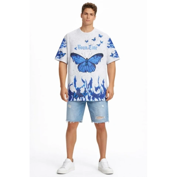 MARSiLYAN- Erkek Asit Yıkamalı Oversize Tişört Mavi Kelebek Baskılı Dijital Print Bisiklet Yaka Streetwear T-Shirt - Beyaz